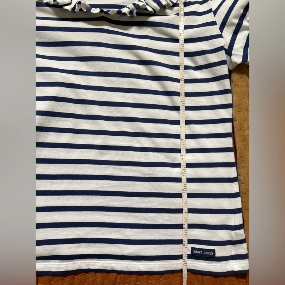 Saint James Striped Tee Ruffle Neck Navy White Small - Picture 3 of 7